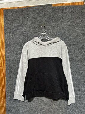 Adidas Hoodie Youth 14-16 Gray Colorblock Pullover Fleece 3 Stripe Sweatshirt